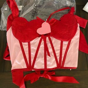 NWT DollsKill Sugar Thrillz cute bustier Hearts Aglow satin corset bow Top NEW S